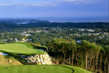 Bear Mountain's 19th hole overlooks Victoria, the Strait of Juan de Fuca and the Olympic and Cascades mountains beyond.