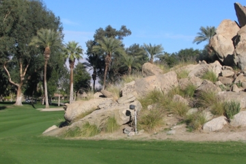 The fifth hole on Indian Wells' Classic Course presents golfers with a blind second shot over a mountain edge jutting into the fairway.