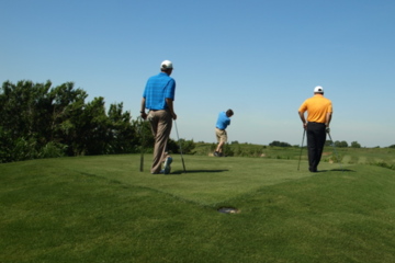 Waiting on the 11th tee, a couple of golfers watch a member of their group negotiate the par-3 11th hole at The Tribute Golf Club.