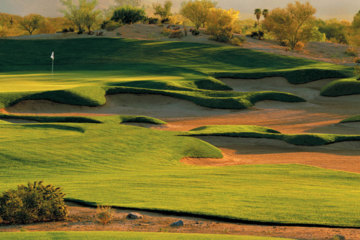 The third hole at Estrella Mountain Ranch Golf Club is a 174-yard par 3 defended by a huge sprawling bunker right and bailout area to the left.