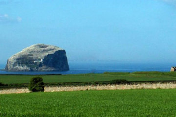 The unusual Bass Rock lies just off the coast of the North Berwick Golf Links 25 miles outside Edinburgh.