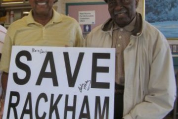 The Four Tops member Abdul "Duke" Fakir (left) and Ben Davis, long time Rackham golf pro, show their support for saving Rackham.