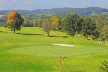 There's a good view from the clubhouse looking down at the finishing hole at Loreta Golf Club Pysely